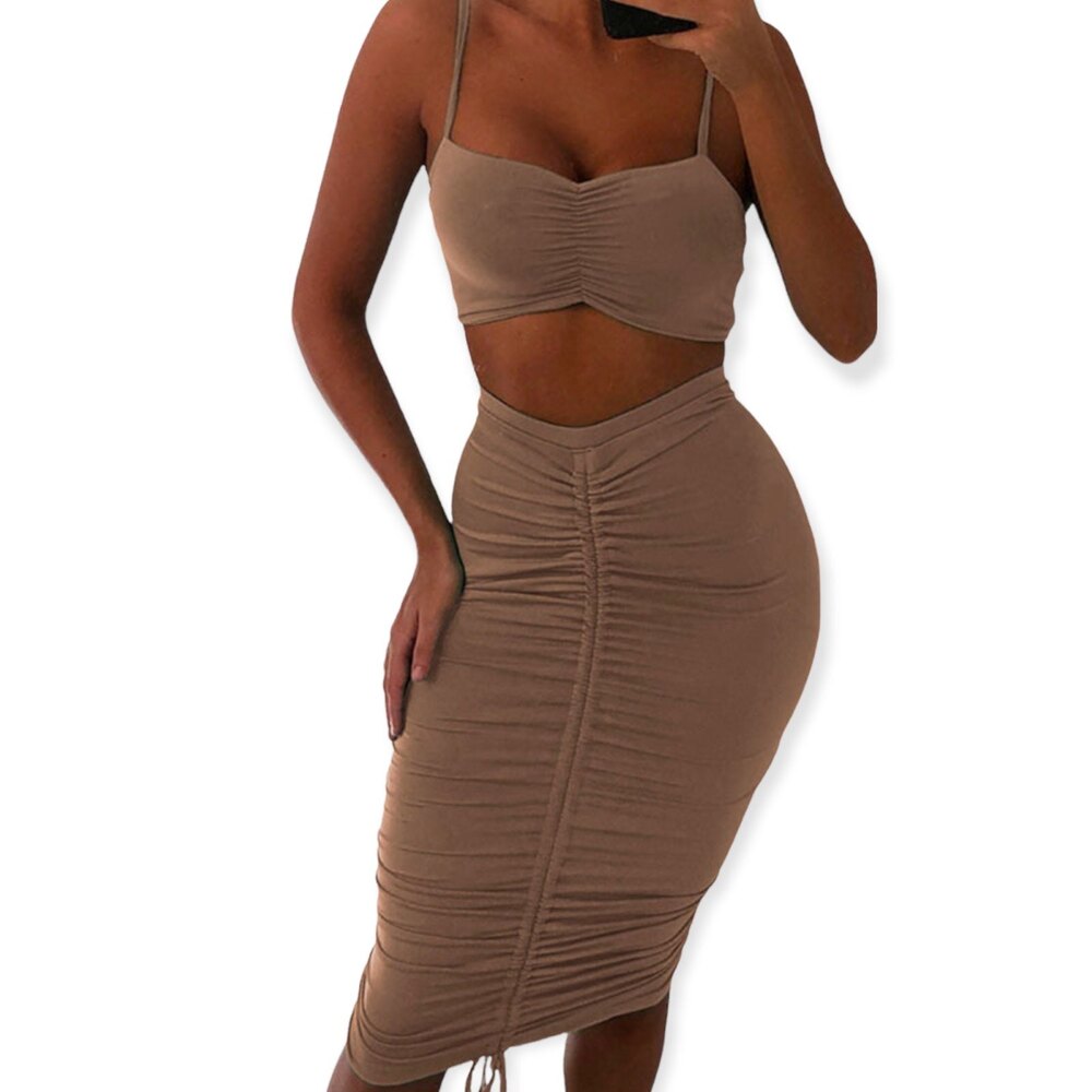 Ruched Midi Skirt & Crop Top 2-Piece Set - M